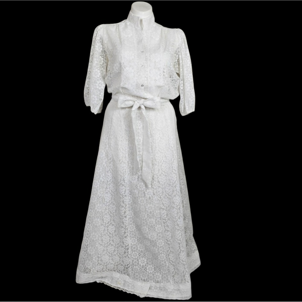 Vintage Carefree Fashions 2X Volup White Lace SET Blouse & Maxi Skirt & Belt